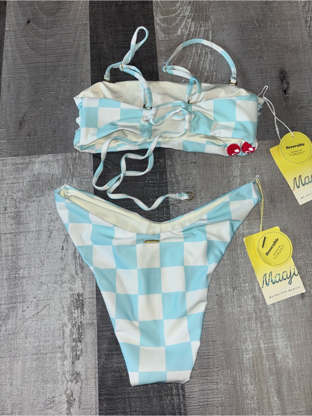 🍒NEW Maaji Bryn Light Blue Check Cherry Bandeau Bikini Set - Picture 6 of 9